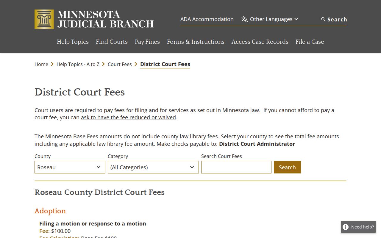 Greenbush court docket Roseau County District Court records and fee source