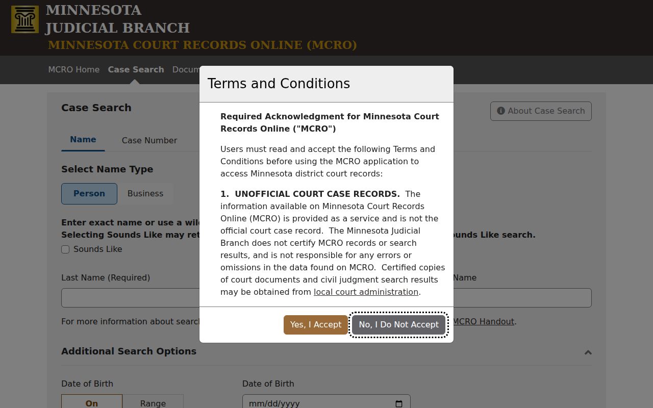 Strathcona court docket MCRO Case Search with Roseau County court filter