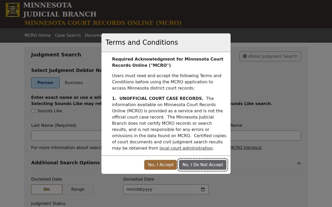 Roseau County civil docket MCRO judgment search reference