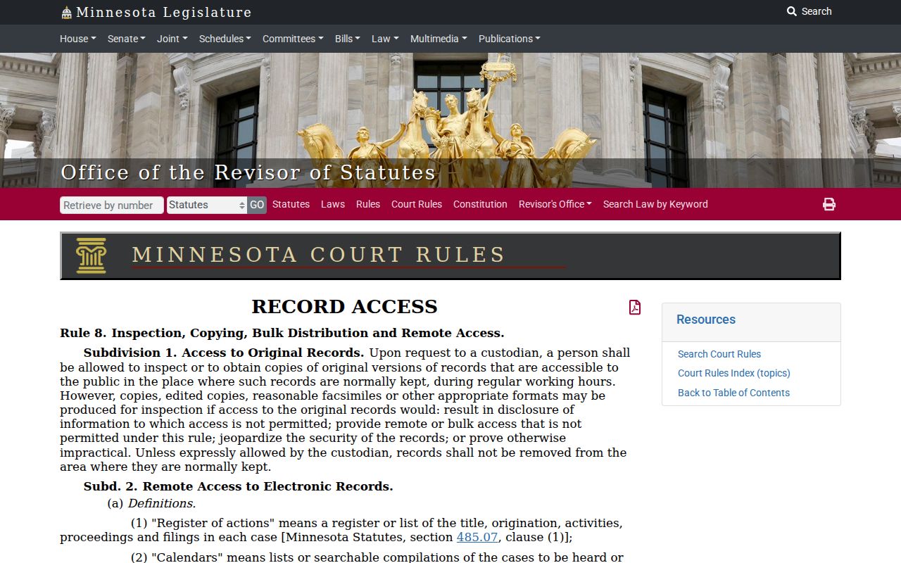 Roseau County court calendar public-access rule reference