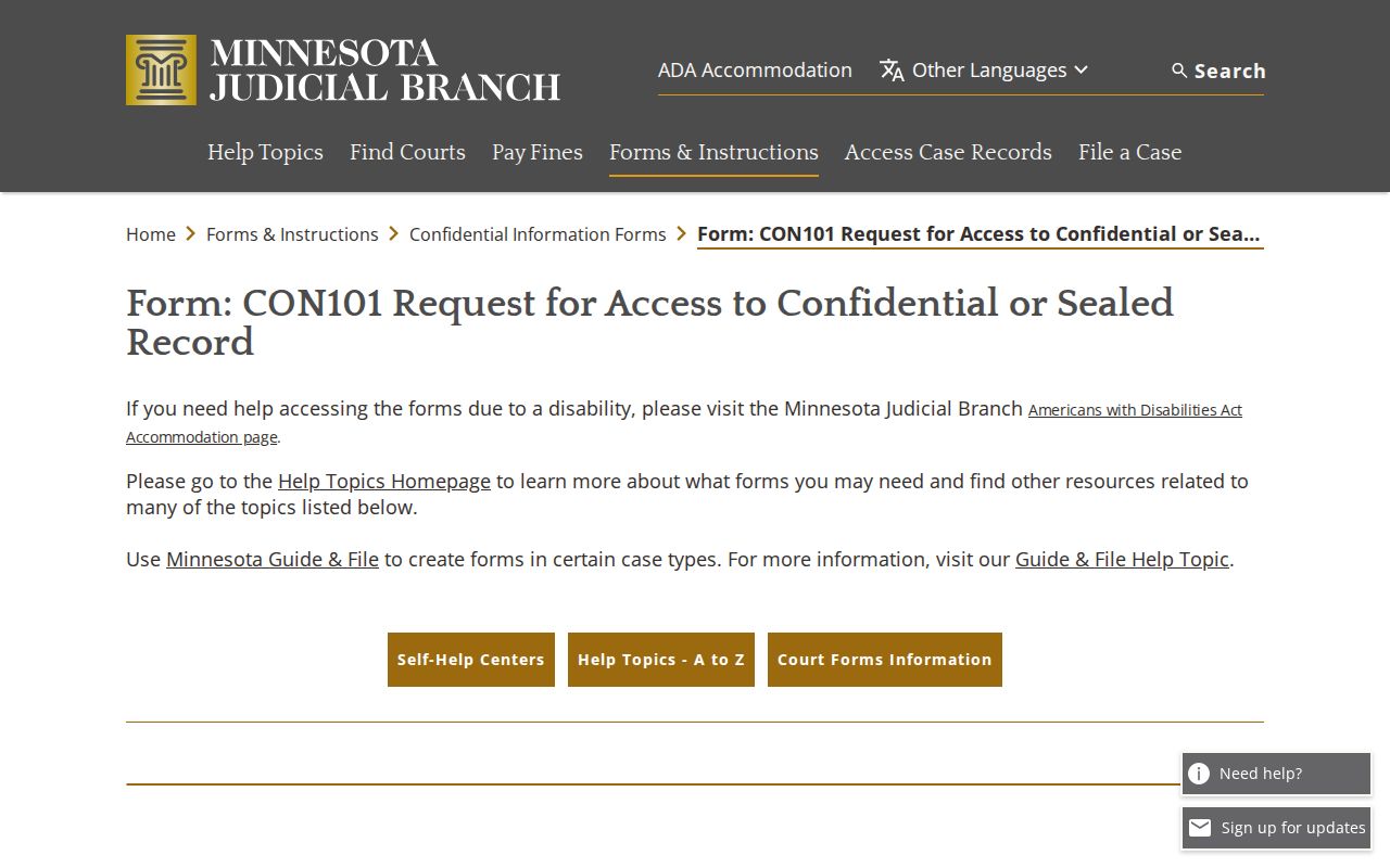 Roseau County court records CON101 confidential or sealed access form