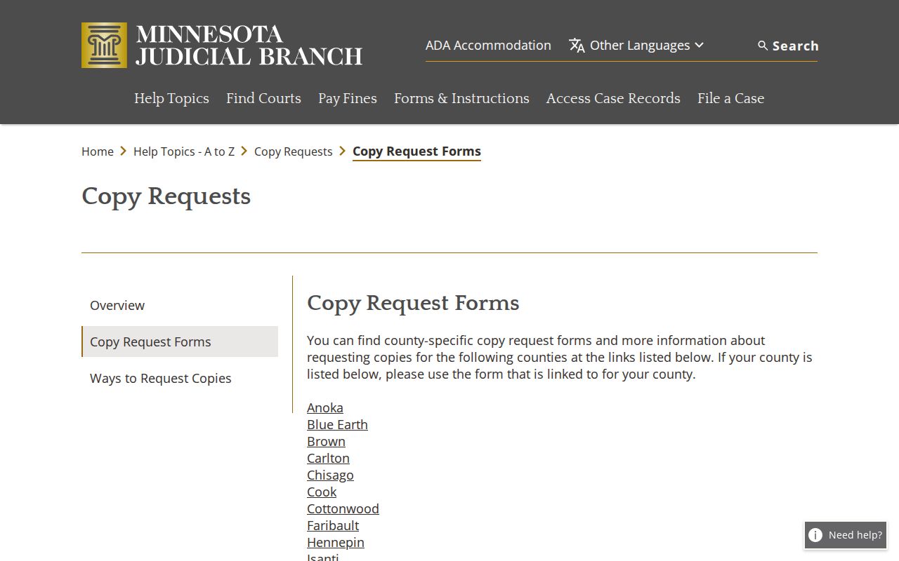 Roseau County court records copy-request forms index
