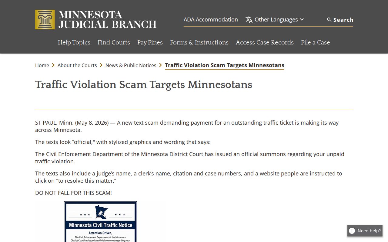 Roseau County traffic court records official scam warning